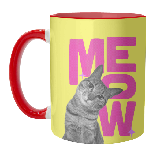 Meow Retro Cat Collage | Neon Pink & Red Pop Art Statement - unique mug by Ania Wieclaw