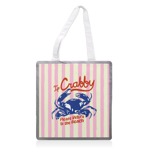 If Crabby Please Return to the Beach Coastal Retro Illustration - printed canvas tote bag by EZbie