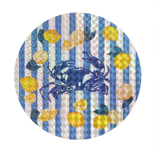 Mediterranean Crab & Lemon Coastal Blue Stripe Retro Illustration - Circle Sticker by EZbie