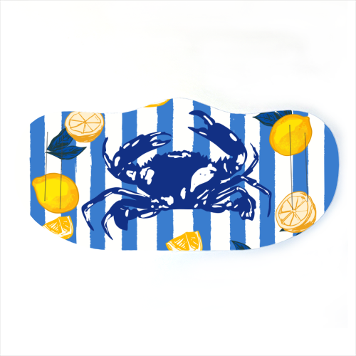 Mediterranean Crab & Lemon Coastal Blue Stripe Retro Illustration - face cover mask by EZbie
