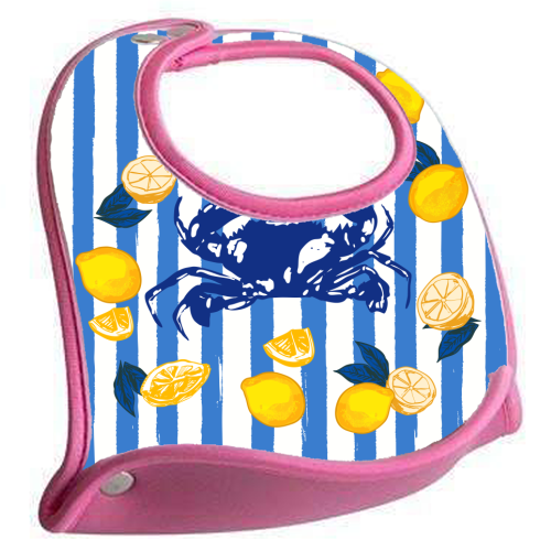 Mediterranean Crab & Lemon Coastal Blue Stripe Retro Illustration - feeding bib by EZbie