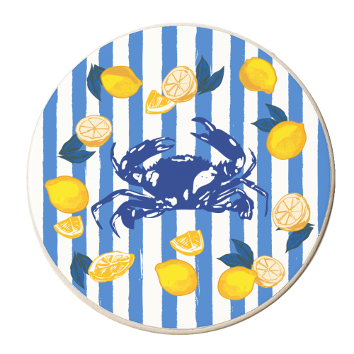 Mediterranean Crab & Lemon Coastal Blue Stripe Retro Illustration - personalised beer coaster by EZbie
