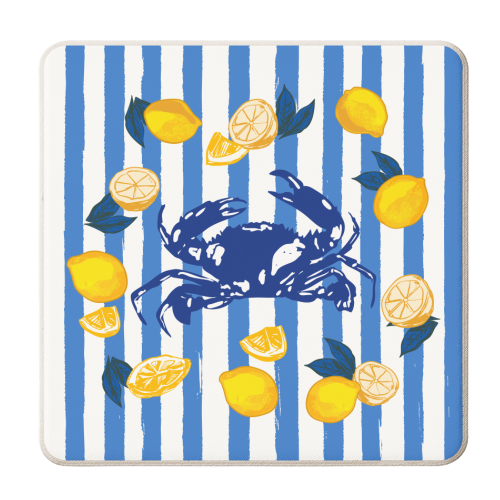 Mediterranean Crab & Lemon Coastal Blue Stripe Retro Illustration - personalised beer coaster by EZbie