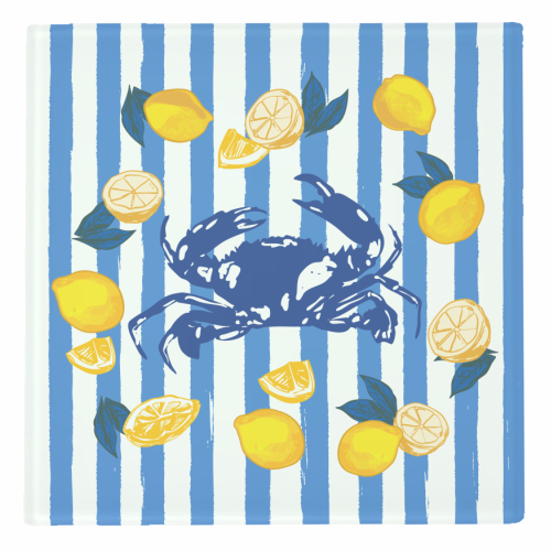 Mediterranean Crab & Lemon Coastal Blue Stripe Retro Illustration - personalised beer coaster by EZbie