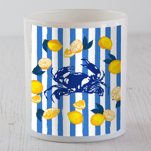 Mediterranean Crab & Lemon Coastal Blue Stripe Retro Illustration - scented candle by EZbie
