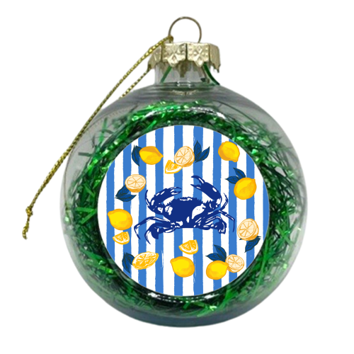 Mediterranean Crab & Lemon Coastal Blue Stripe Retro Illustration - xmas bauble by EZbie