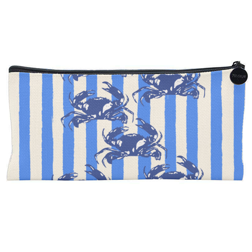 Blue Coastal Crab Aesthetic Retro Stripe - flat pencil case by EZbie