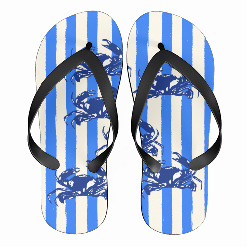 Blue Coastal Crab Aesthetic Retro Stripe - funny flip flops by EZbie