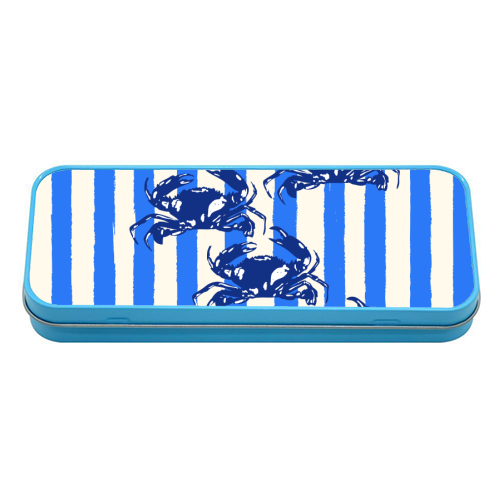 Blue Coastal Crab Aesthetic Retro Stripe - tin pencil case by EZbie