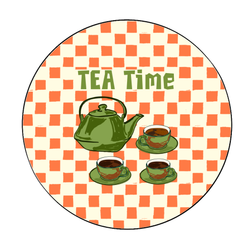 Vintage Tea Time Cup & Kettle Retro Checkered Illustration - Circle Sticker by EZbie