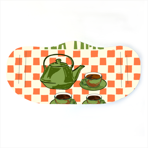 Vintage Tea Time Cup & Kettle Retro Checkered Illustration - face cover mask by EZbie