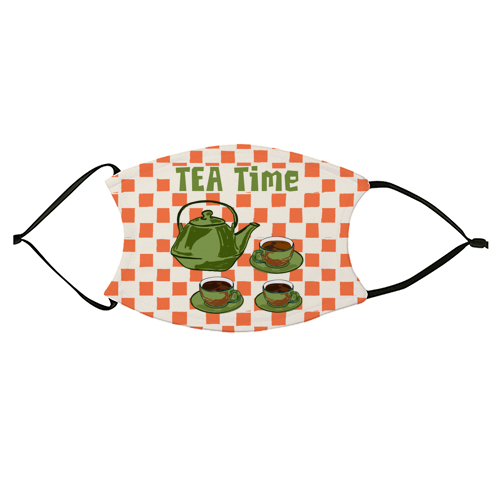 Vintage Tea Time Cup & Kettle Retro Checkered Illustration - face cover mask by EZbie