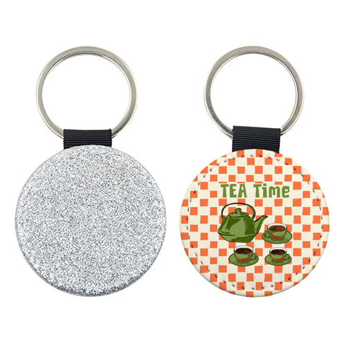 Vintage Tea Time Cup & Kettle Retro Checkered Illustration - keyring by EZbie
