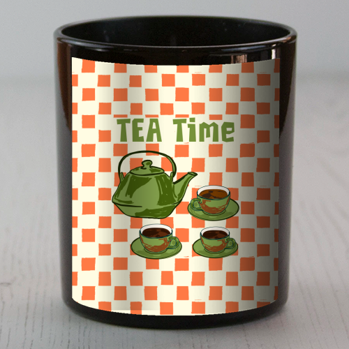 Vintage Tea Time Cup & Kettle Retro Checkered Illustration - scented candle by EZbie