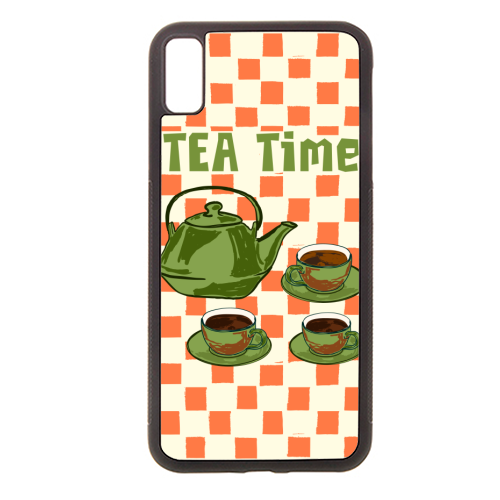 Vintage Tea Time Cup & Kettle Retro Checkered Illustration - stylish phone case by EZbie