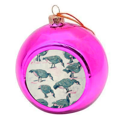 Busy But Unbothered Canada Geese - colourful christmas bauble by Laura Selevos
