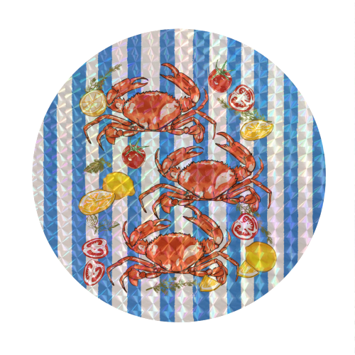 Coastal Seafood Red Crabs with Lemon Herbs on Blue Stripe Summer Illustration - Circle Sticker by EZbie