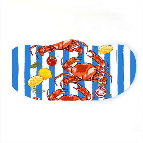 Coastal Seafood Red Crabs with Lemon Herbs on Blue Stripe Summer Illustration - face cover mask by EZbie
