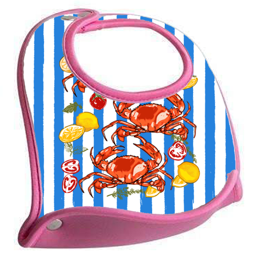 Coastal Seafood Red Crabs with Lemon Herbs on Blue Stripe Summer Illustration - feeding bib by EZbie