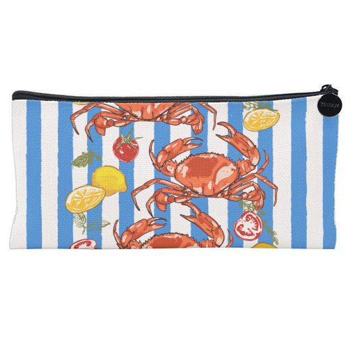 Coastal Seafood Red Crabs with Lemon Herbs on Blue Stripe Summer Illustration - flat pencil case by EZbie