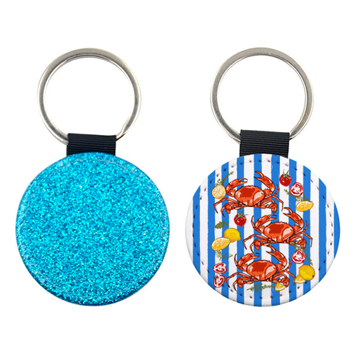 Coastal Seafood Red Crabs with Lemon Herbs on Blue Stripe Summer Illustration - keyring by EZbie