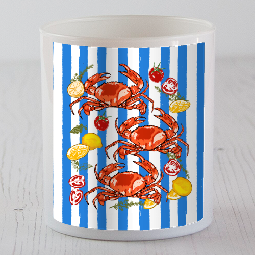 Coastal Seafood Red Crabs with Lemon Herbs on Blue Stripe Summer Illustration - scented candle by EZbie