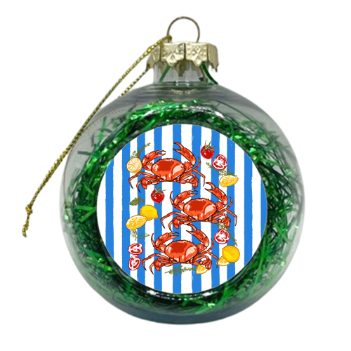 Coastal Seafood Red Crabs with Lemon Herbs on Blue Stripe Summer Illustration - xmas bauble by EZbie