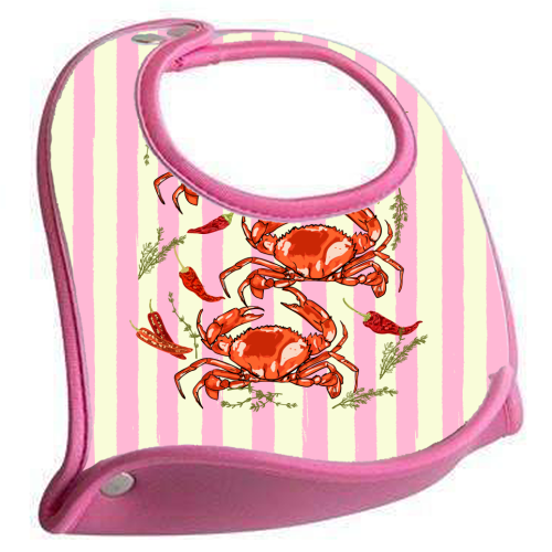 Spicy Red Crabs on Pink Pastel Stripes Retro Coastal Illustration - feeding bib by EZbie