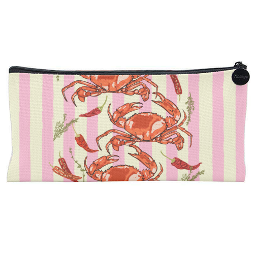 Spicy Red Crabs on Pink Pastel Stripes Retro Coastal Illustration - flat pencil case by EZbie