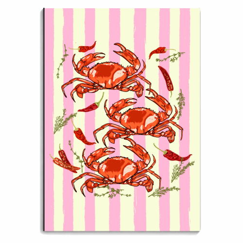 Spicy Red Crabs on Pink Pastel Stripes Retro Coastal Illustration - personalised A4, A5, A6 notebook by EZbie