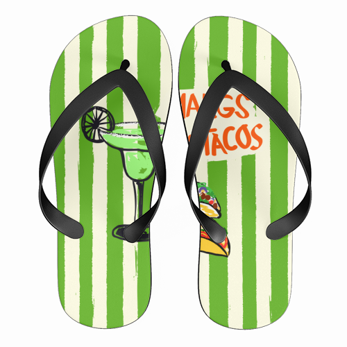 Margs & Tacos Retro Green Stripes Fiesta Illustration - funny flip flops by EZbie