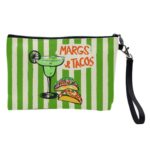 Margs & Tacos Retro Green Stripes Fiesta Illustration - pretty makeup bag by EZbie