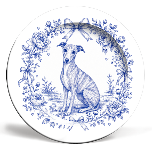 Whippet Toile - ceramic dinner plate by Lilly Rose
