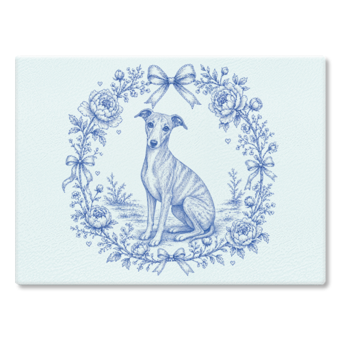 Whippet Toile - glass chopping board by Lilly Rose