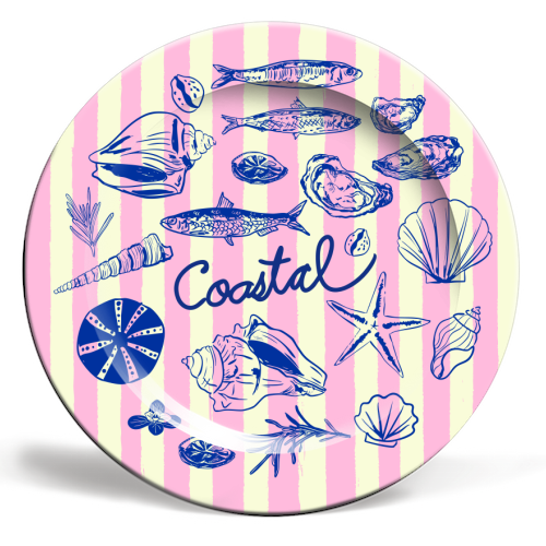 Coastal Illustration with Pink Stripes, Shells, Sardines, and Oysters - ceramic dinner plate by EZbie