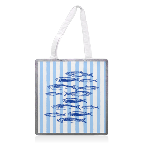 Coastal Blue Stripes Sardines Aesthetic - printed canvas tote bag by EZbie