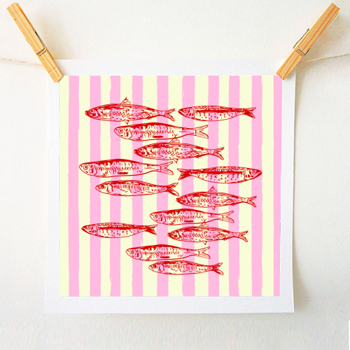 Trendy Pink Coastal Stripes Sardines Aesthetic Illustration - A1 - A4 art print by EZbie