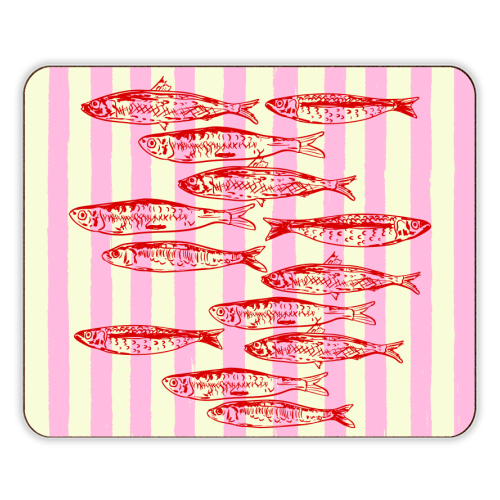 Trendy Pink Coastal Stripes Sardines Aesthetic Illustration - designer placemat by EZbie