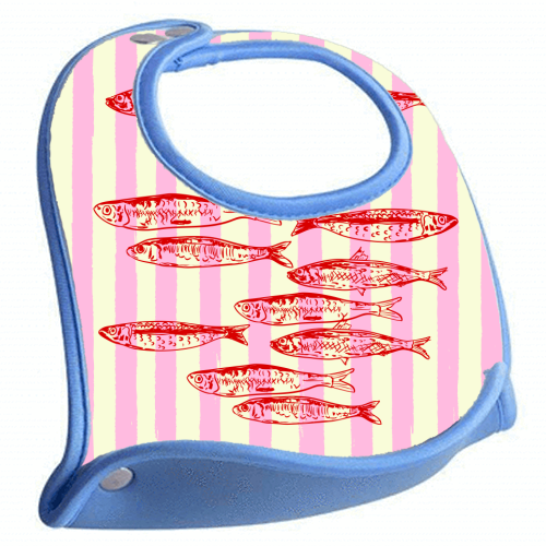Trendy Pink Coastal Stripes Sardines Aesthetic Illustration - feeding bib by EZbie