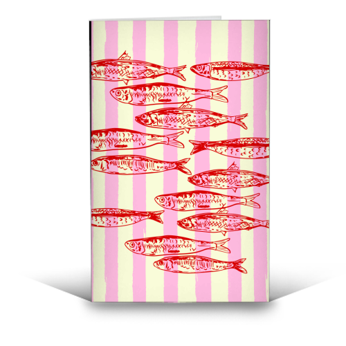 Trendy Pink Coastal Stripes Sardines Aesthetic Illustration - funny greeting card by EZbie