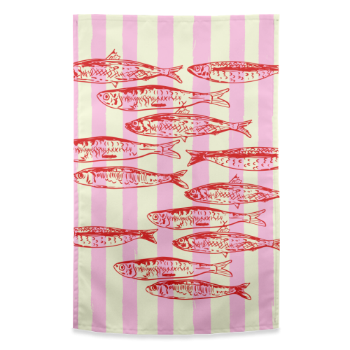Trendy Pink Coastal Stripes Sardines Aesthetic Illustration - funny tea towel by EZbie