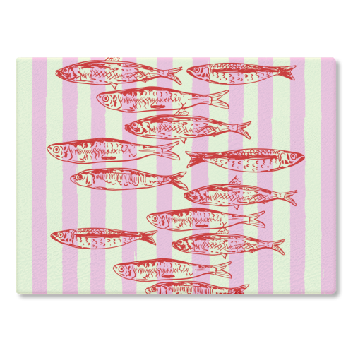 Trendy Pink Coastal Stripes Sardines Aesthetic Illustration - glass chopping board by EZbie