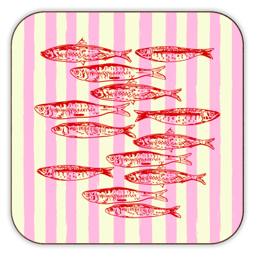 Trendy Pink Coastal Stripes Sardines Aesthetic Illustration - personalised beer coaster by EZbie