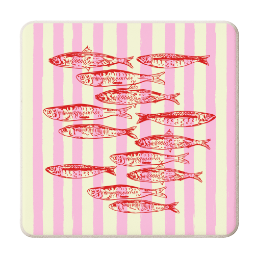 Trendy Pink Coastal Stripes Sardines Aesthetic Illustration - personalised beer coaster by EZbie