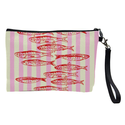 Trendy Pink Coastal Stripes Sardines Aesthetic Illustration - pretty makeup bag by EZbie