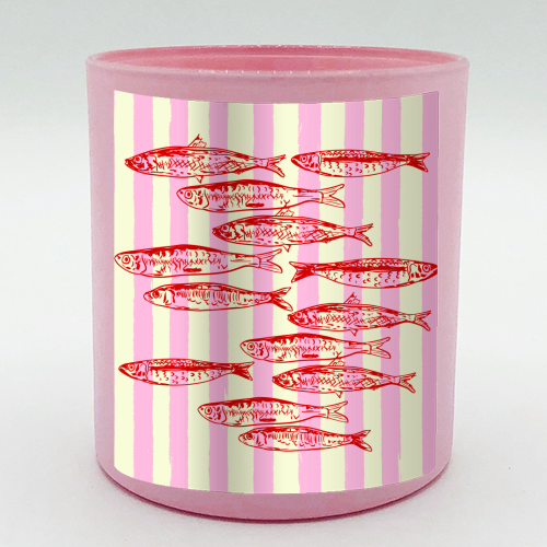 Trendy Pink Coastal Stripes Sardines Aesthetic Illustration - scented candle by EZbie