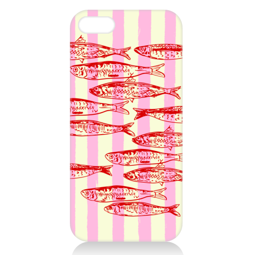Trendy Pink Coastal Stripes Sardines Aesthetic Illustration - unique phone case by EZbie