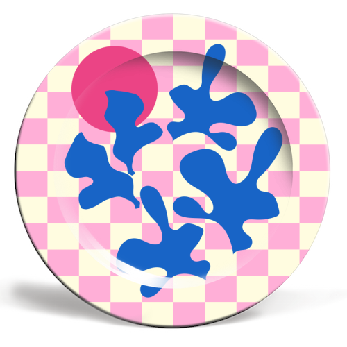 Abstract Pink Matisse Checkered Modern Illustration - ceramic dinner plate by AbstraBotanica by Ezbie