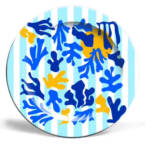 Blue Stripes and Matisse Coastal Sunset Illustration - ceramic dinner plate by AbstraBotanica by Ezbie
