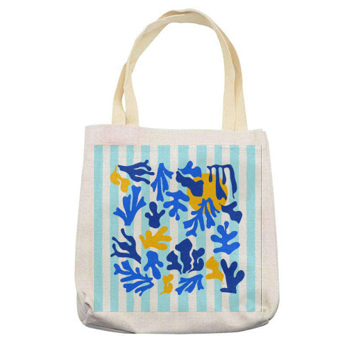 Blue Stripes and Matisse Coastal Sunset Illustration - printed canvas tote bag by AbstraBotanica by Ezbie